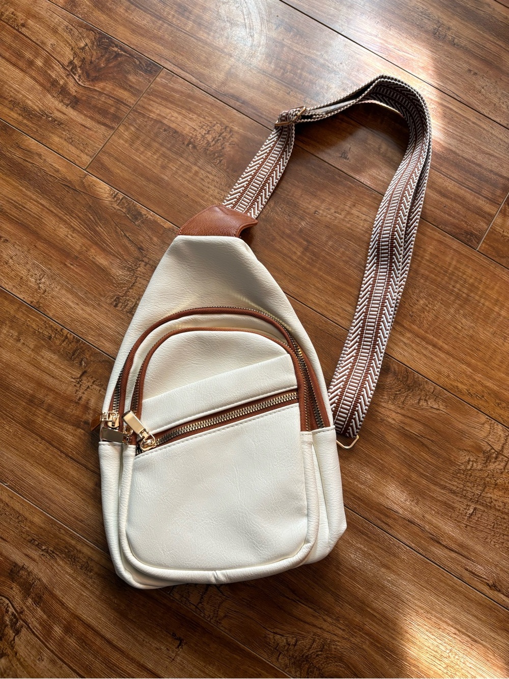 Amazon Cream and Brown Crossbody Sling with Patterned Strap